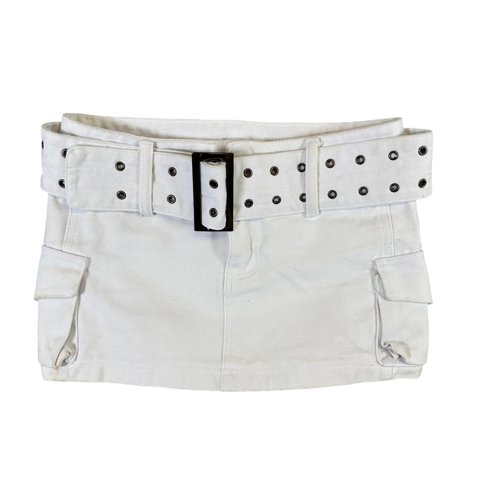 Princess Polly White Denim Cargo Mini Skirt Grommet Belt Y2K PD072258 Size 2